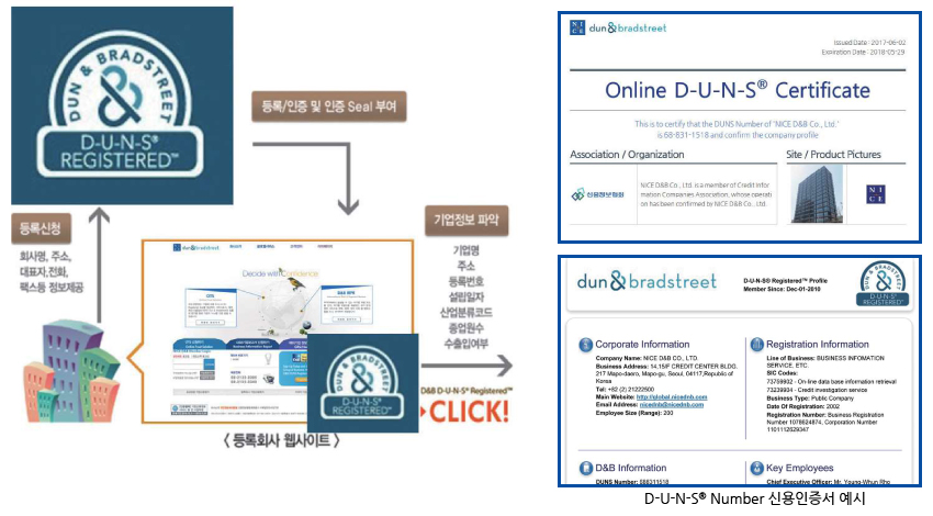 D-U-N-S Registered Seal 등록·인증 흐름과 Online D-U-N-S Certificate 예시