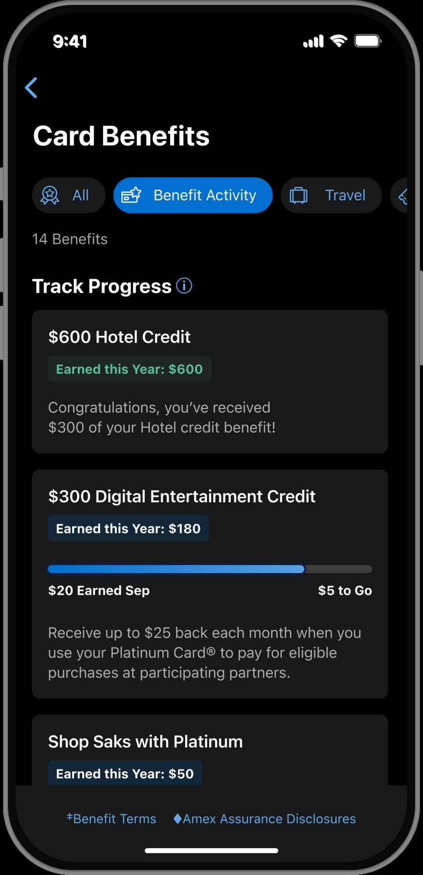 Amex 앱의 카드 혜택 크레딧 소진 현황 화면