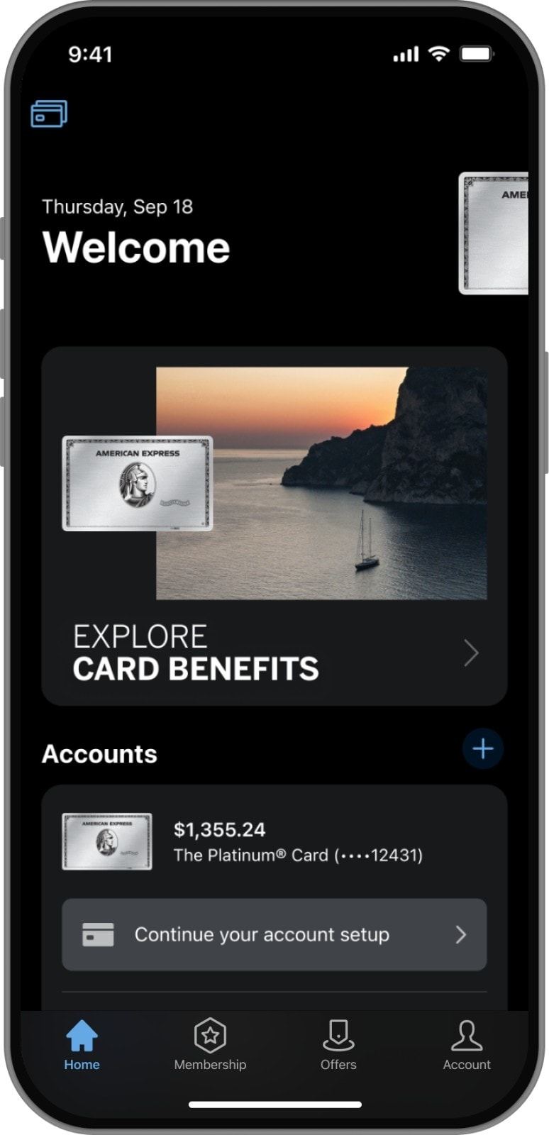 Amex 모바일 앱 홈 화면
