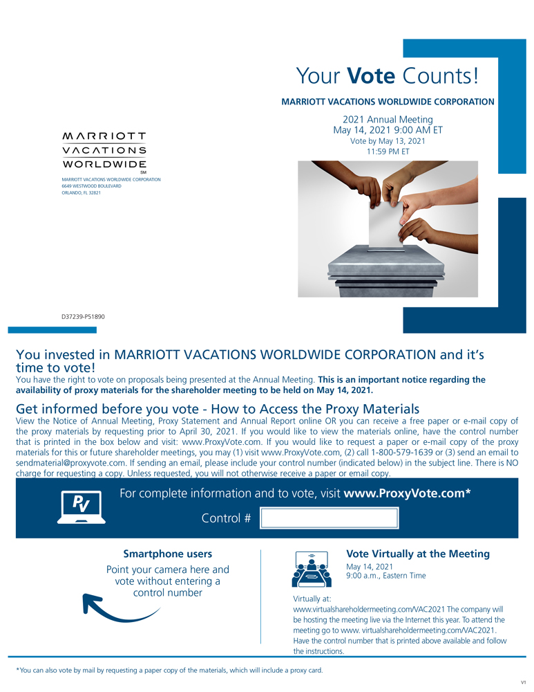 Marriott Vacations 2021 Notice and Access 카드 실물