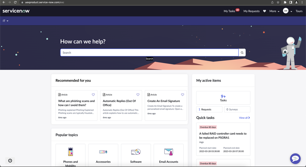 ServiceNow Employee Center 사내 포털 화면