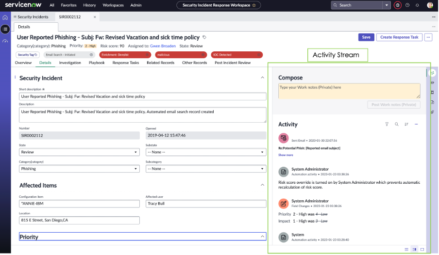 ServiceNow 인시던트/보안인시던트 레코드 폼과 활동 스트림