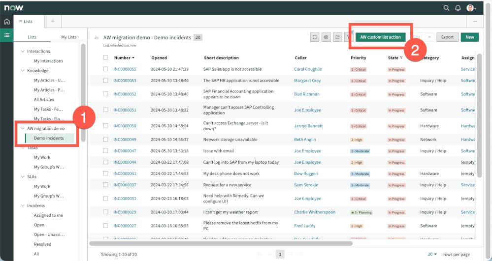 ServiceNow Agent Workspace 인시던트 목록