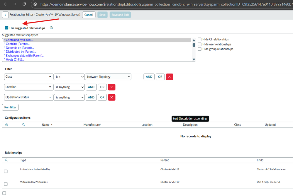 ServiceNow CMDB 관계 편집기 화면