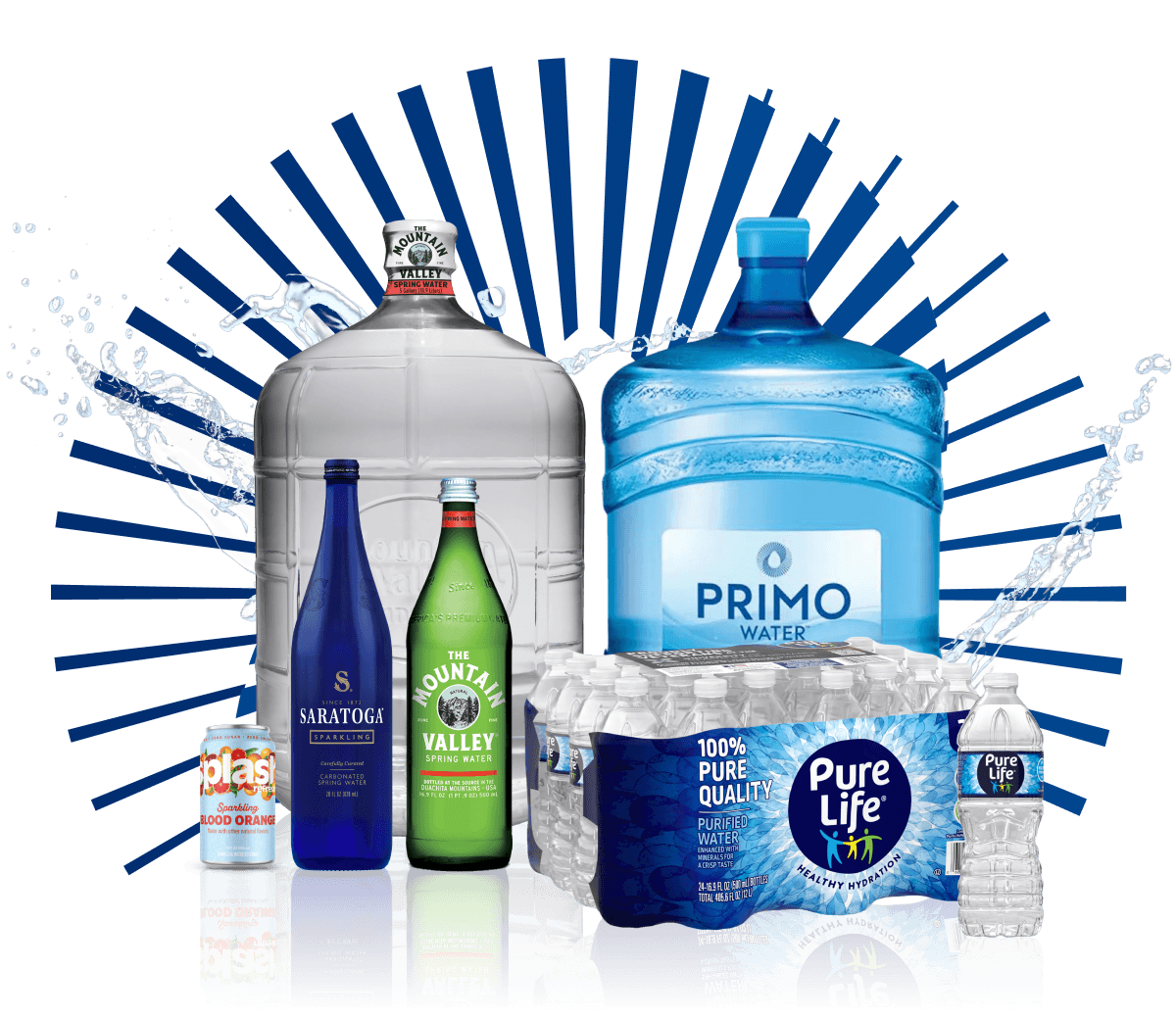 Primo Brands 제품 포트폴리오 — 5갤런 물통, Pure Life, Saratoga, Mountain Valley, Splash